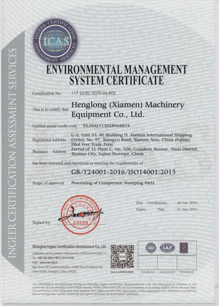 Porcellana Henglong (Xiamen) Machinery Equipment Co., Ltd. Certificazioni